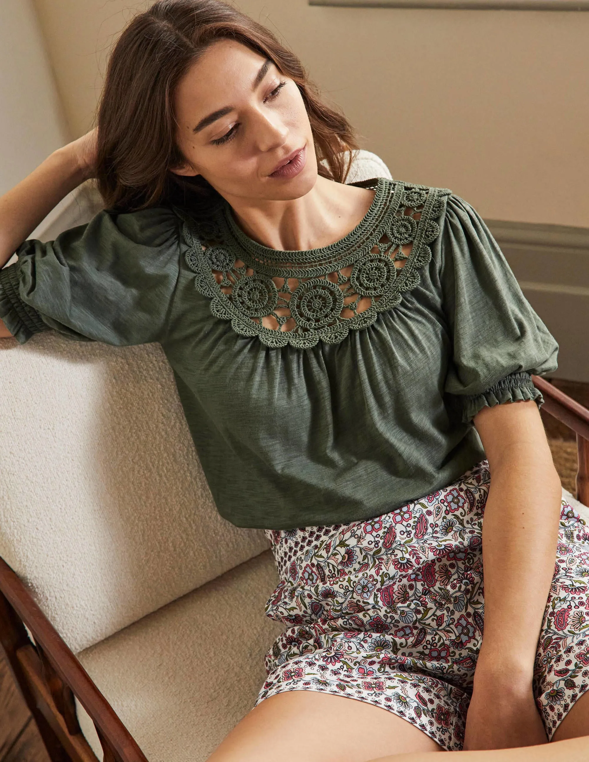 Anais Crochet Puff Sleeve Top-Alder