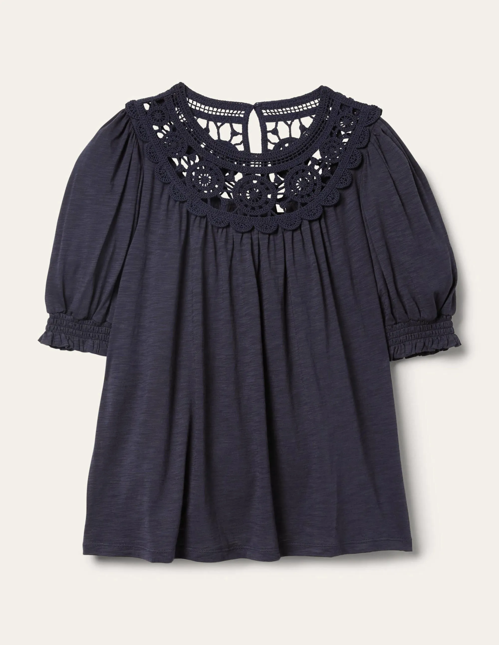 Anais Crochet Puff Sleeve Top-Navy