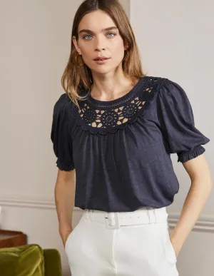 Anais Crochet Puff Sleeve Top-Navy