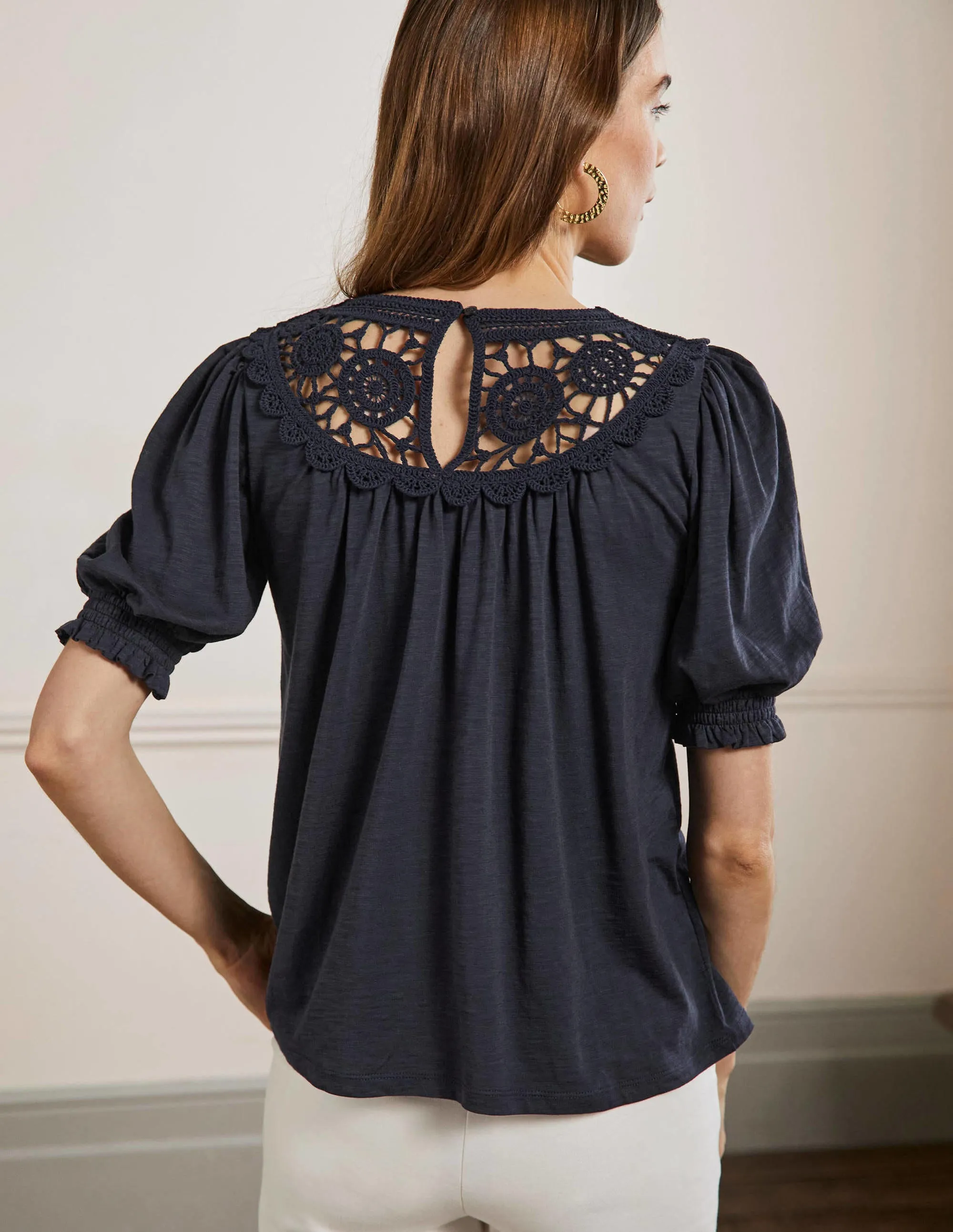 Anais Crochet Puff Sleeve Top-Navy