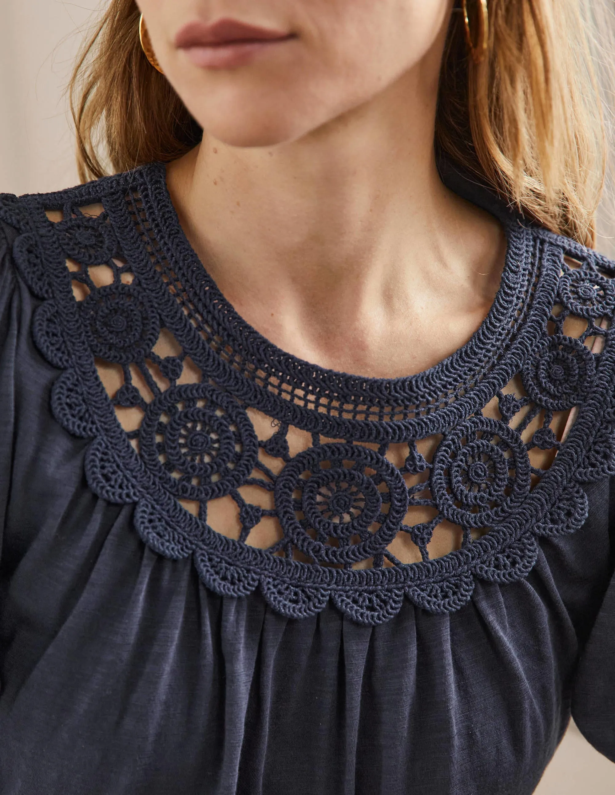 Anais Crochet Puff Sleeve Top-Navy