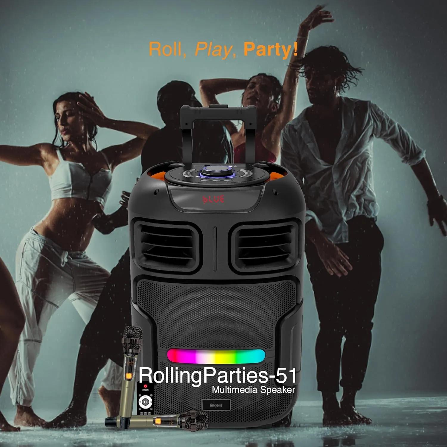 FINGERS RollingParties-51 Bluetooth Trolley Speaker with Powerful 50 W Deep Bass, RGB Lights, 15-Hour, Bundled 2 Wireless Mics & Additional 2 Mics (Rich Black)