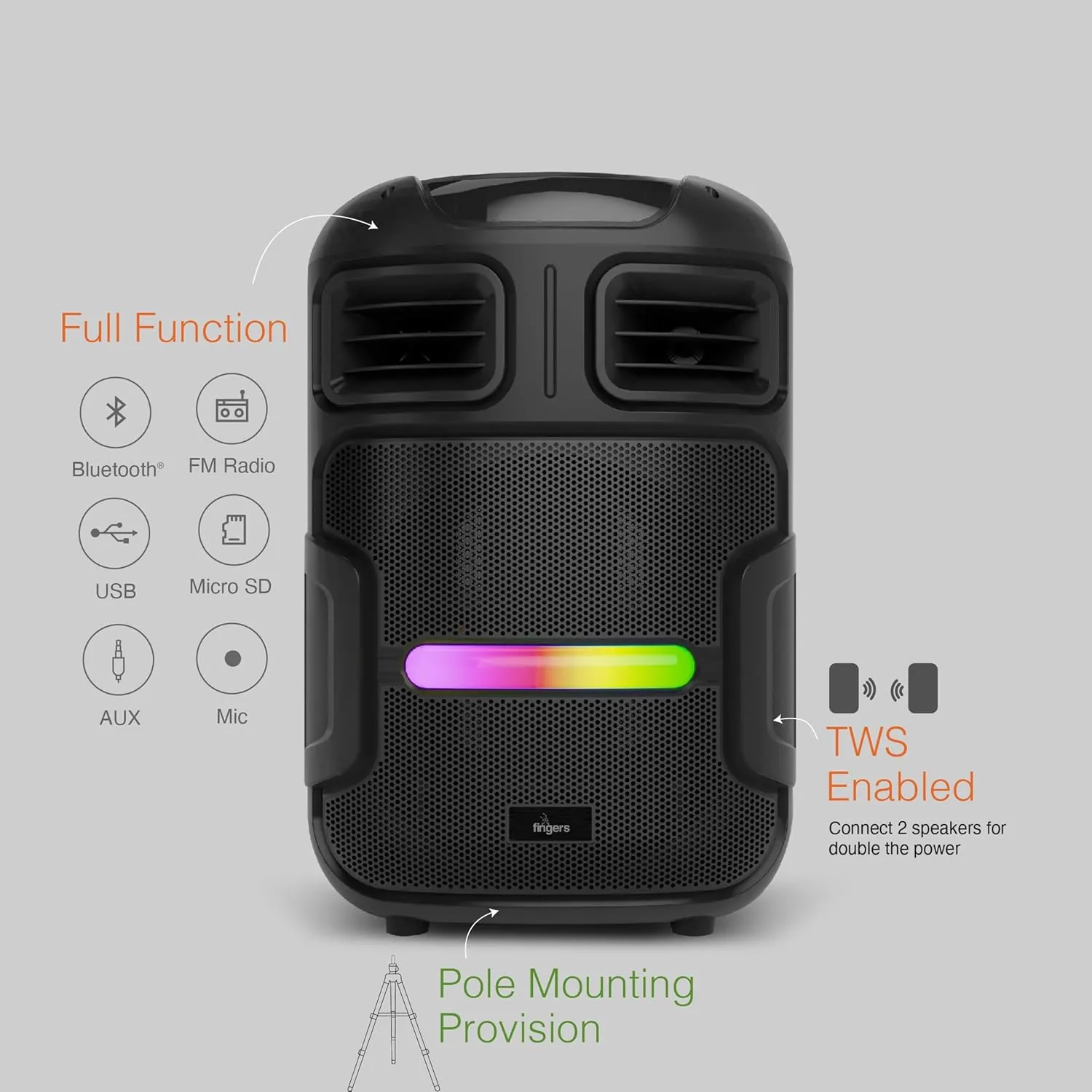FINGERS RollingParties-51 Bluetooth Trolley Speaker with Powerful 50 W Deep Bass, RGB Lights, 15-Hour, Bundled 2 Wireless Mics & Additional 2 Mics (Rich Black)
