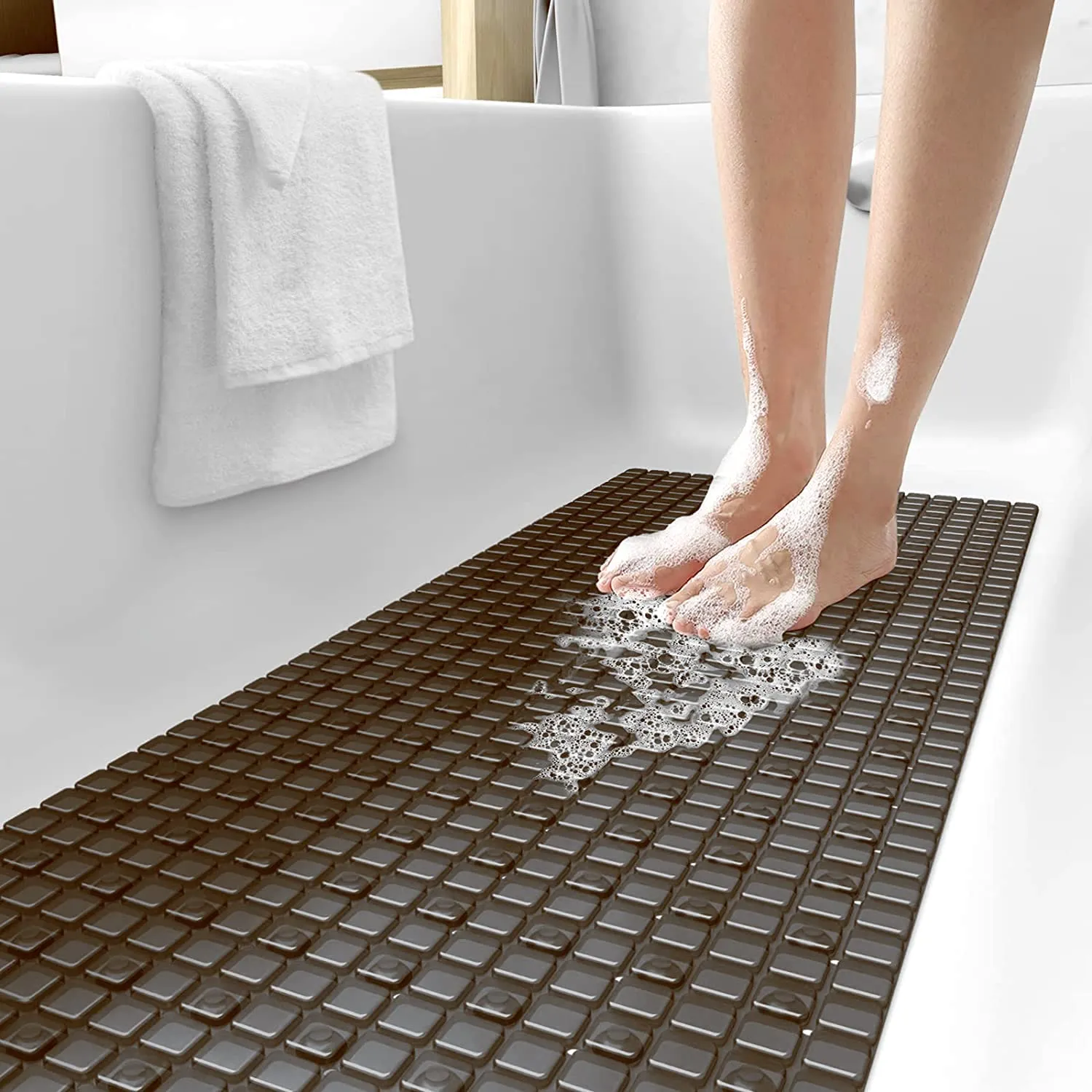 Heart Home PVC Shower Bath Mat with Drain Holes and Suction Cups (Brown)-HS43HEARTH25554