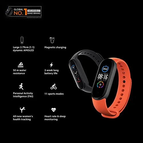 Mi Smart Band 5 – India’s No. 1 Fitness Band, 1.1-inch AMOLED Color Display, Magnetic Charging, 2 Weeks Battery Life, Personal Activity Intelligence (PAI), Women’s Health Tracking