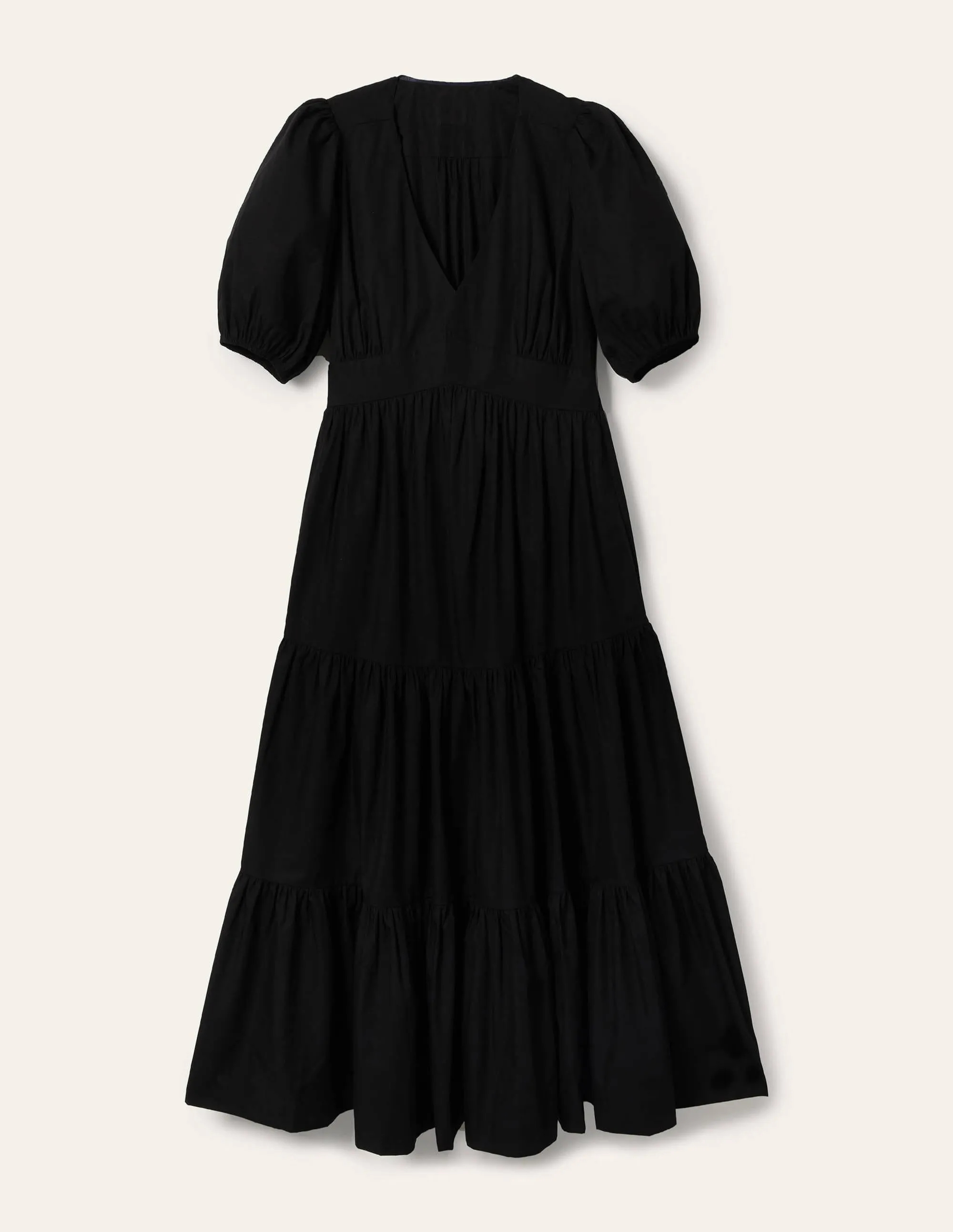 Puff Sleeve Tiered Midi Dress-Black