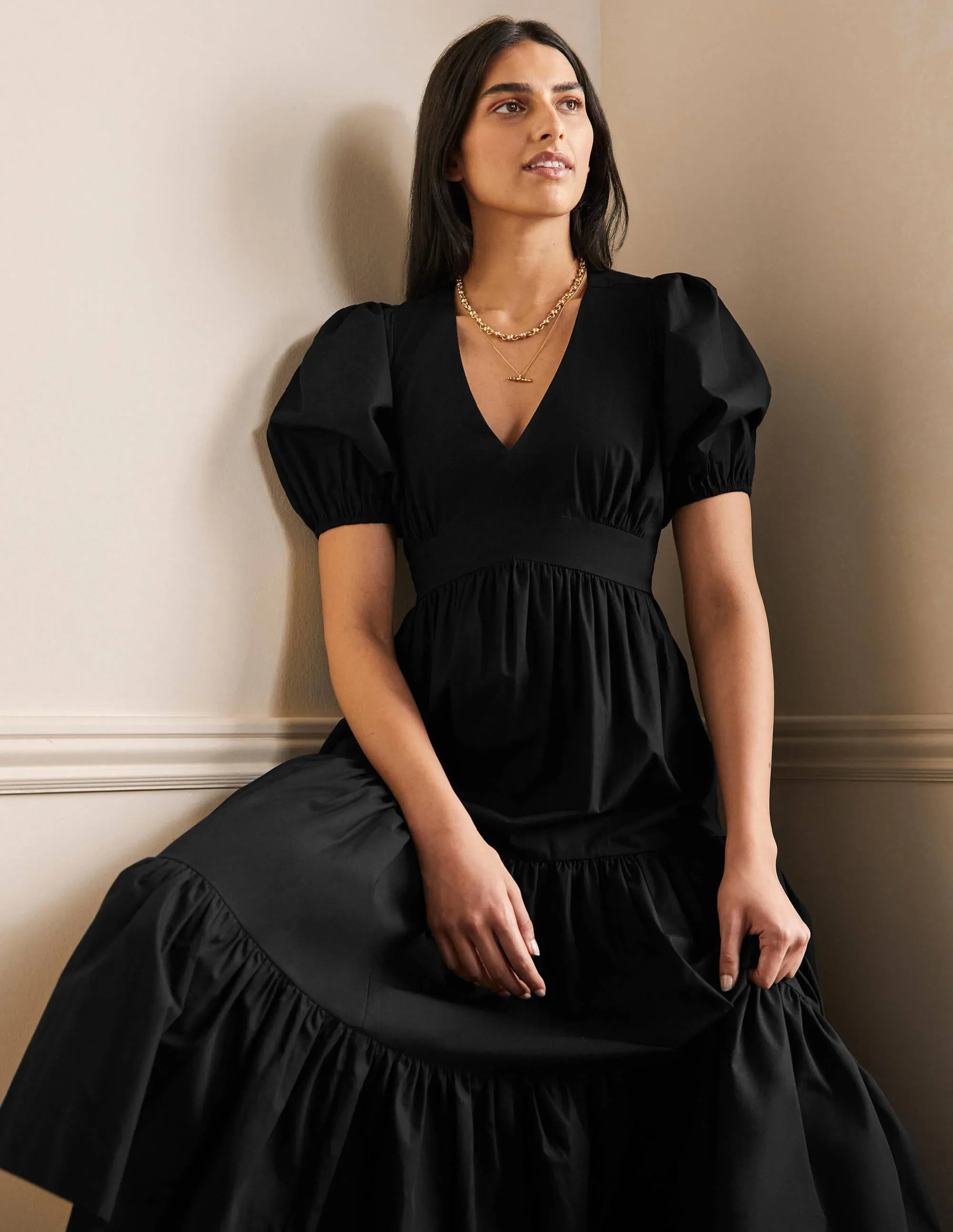Puff Sleeve Tiered Midi Dress-Black
