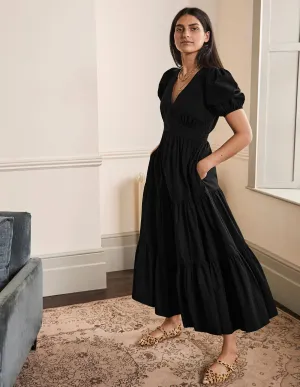 Puff Sleeve Tiered Midi Dress-Black
