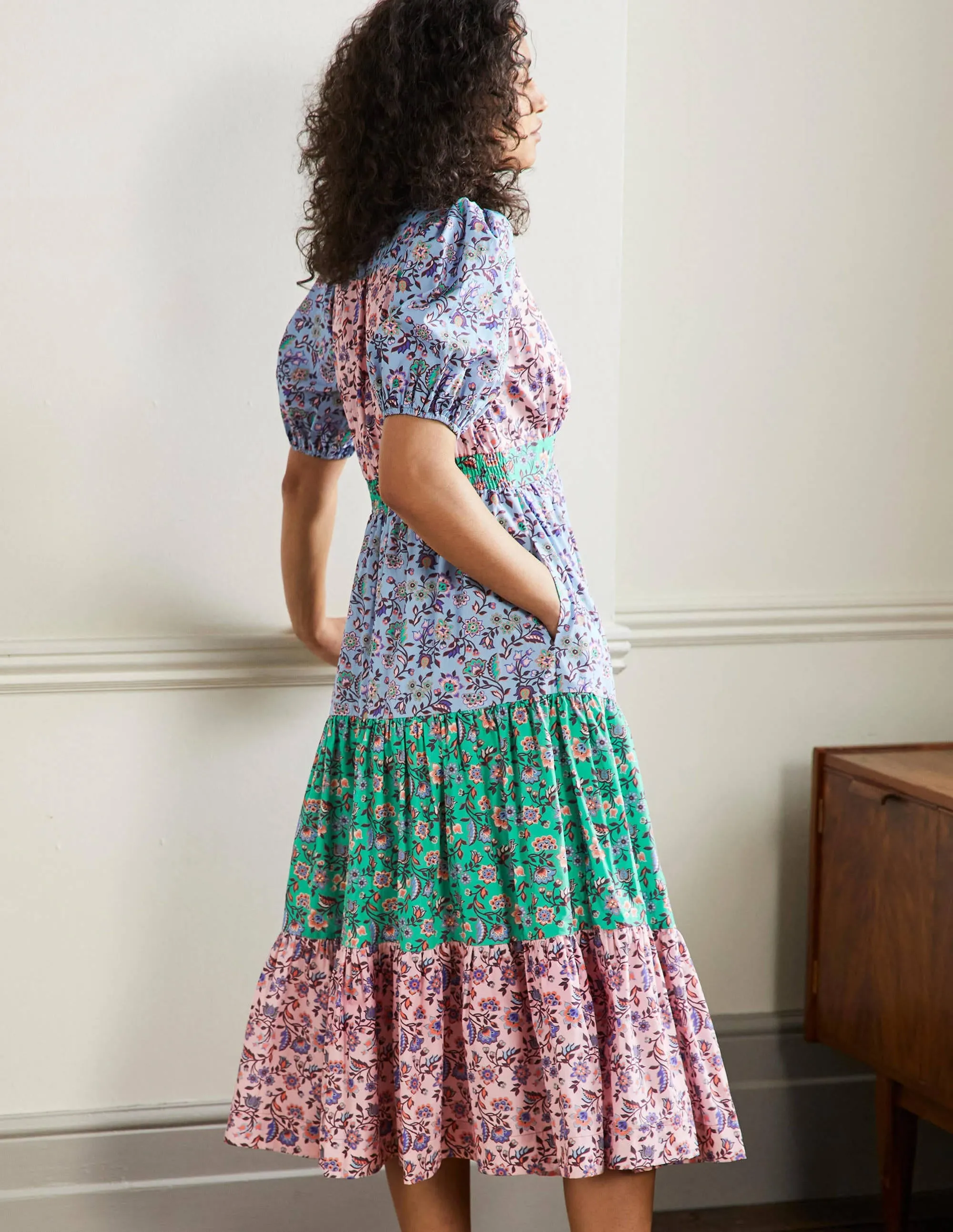 Puff Sleeve Tiered Midi Dress-Formica Pink, Oriental Meadow