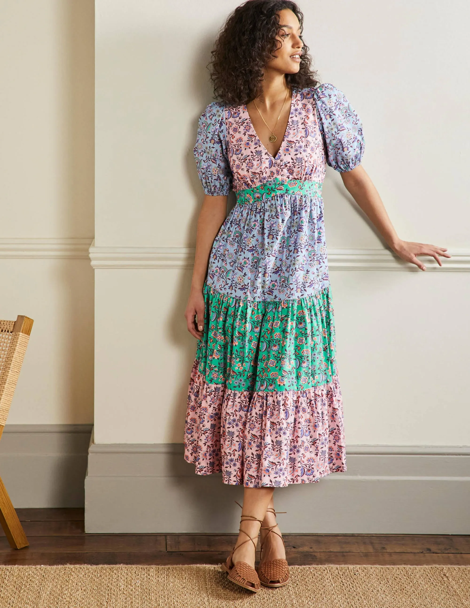 Puff Sleeve Tiered Midi Dress-Formica Pink, Oriental Meadow