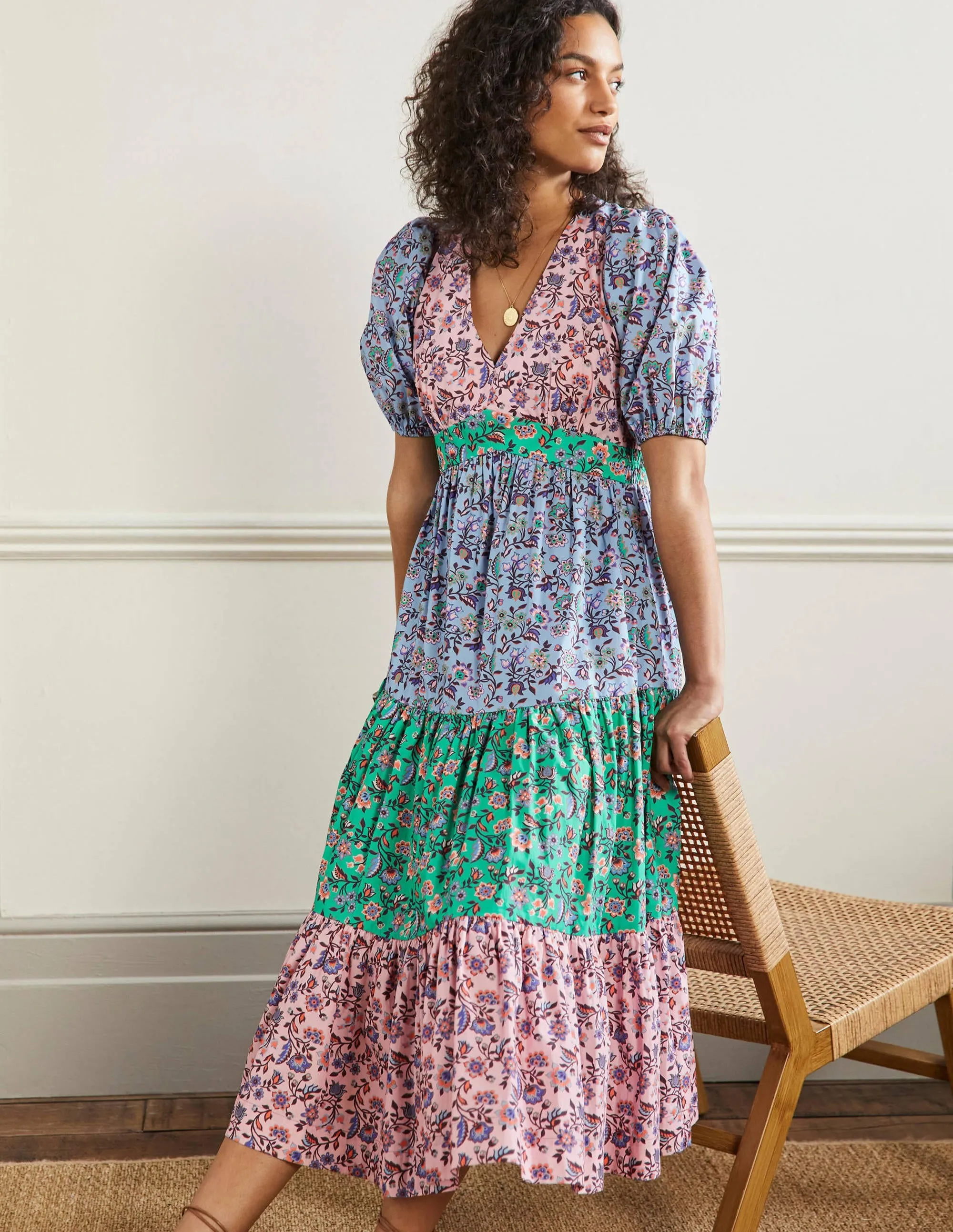 Puff Sleeve Tiered Midi Dress-Formica Pink, Oriental Meadow
