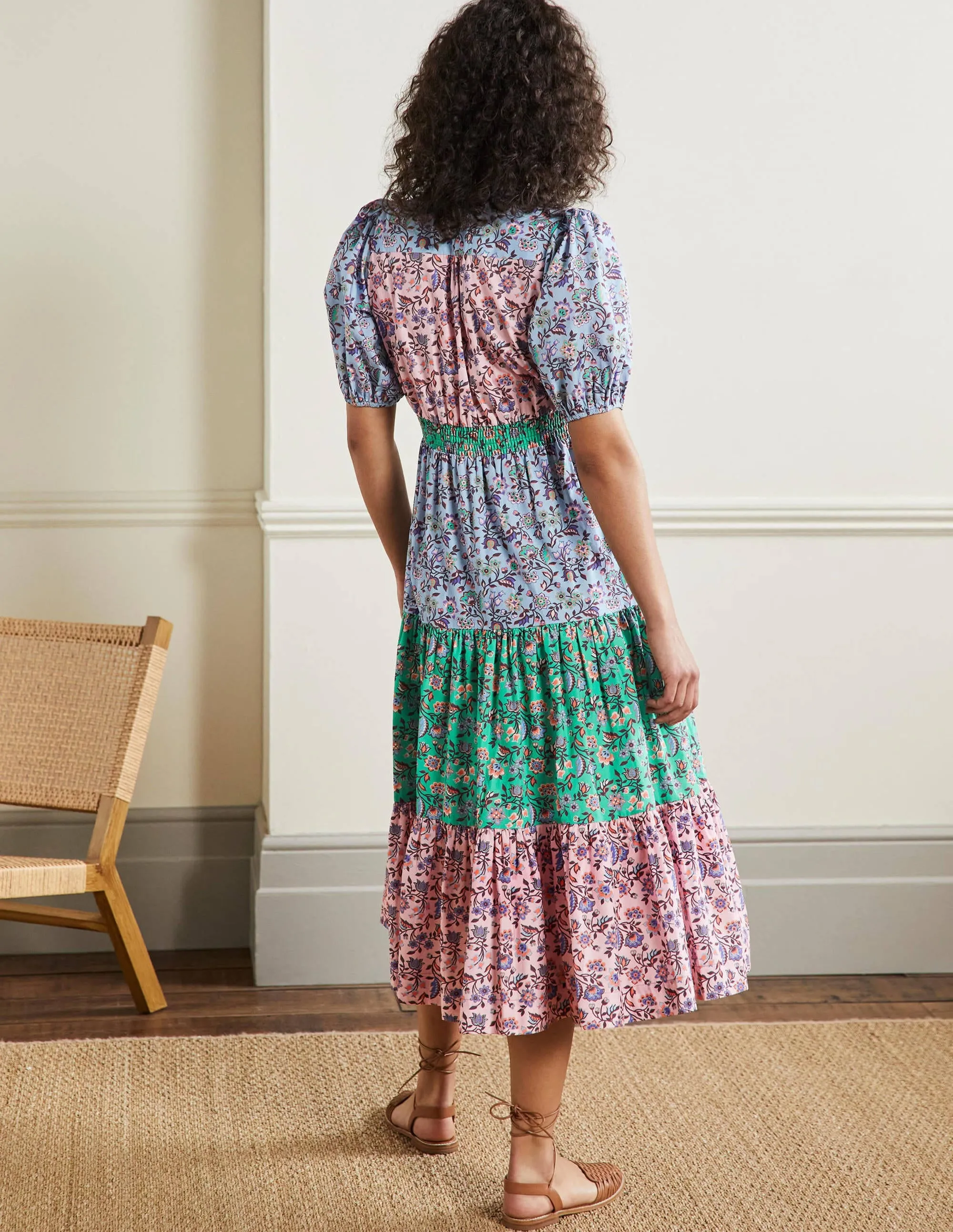 Puff Sleeve Tiered Midi Dress-Formica Pink, Oriental Meadow